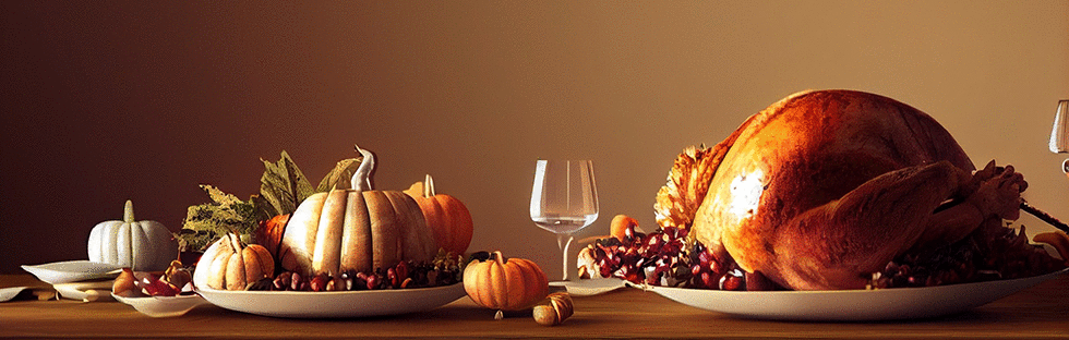 A festive dining table with a turkey